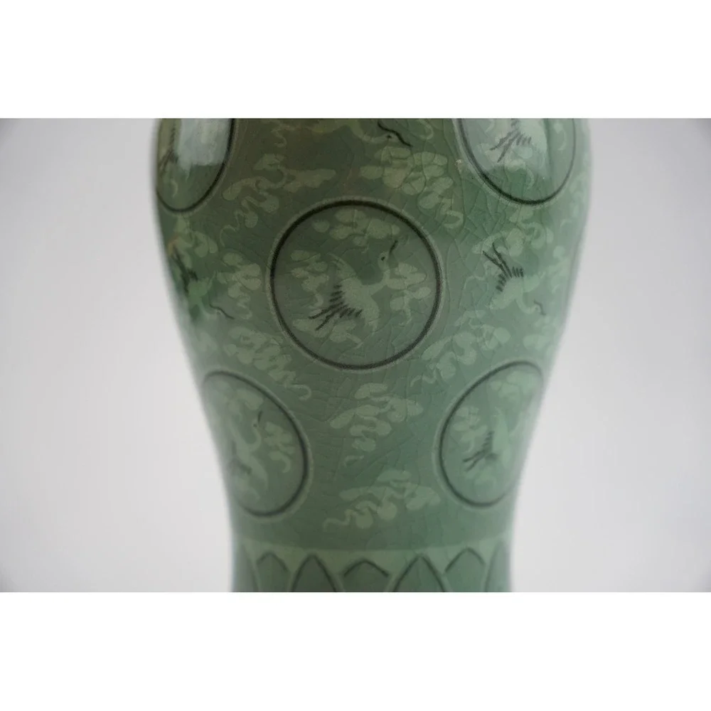 Vintage Celadon Crane Vase Korean Style Porcelain Ceramic Decorative 9.5
